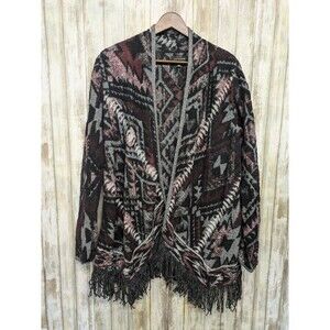 Lucky Brand Open Cardigan Sweater Aztec Southwestern Fringe Burgundy Black Large